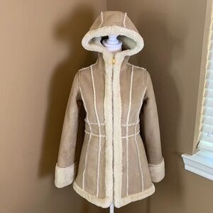 Hawke & Co Outfitter Faux Shearling Hooded Coat Size XS Tan Sherpa Lined Winter